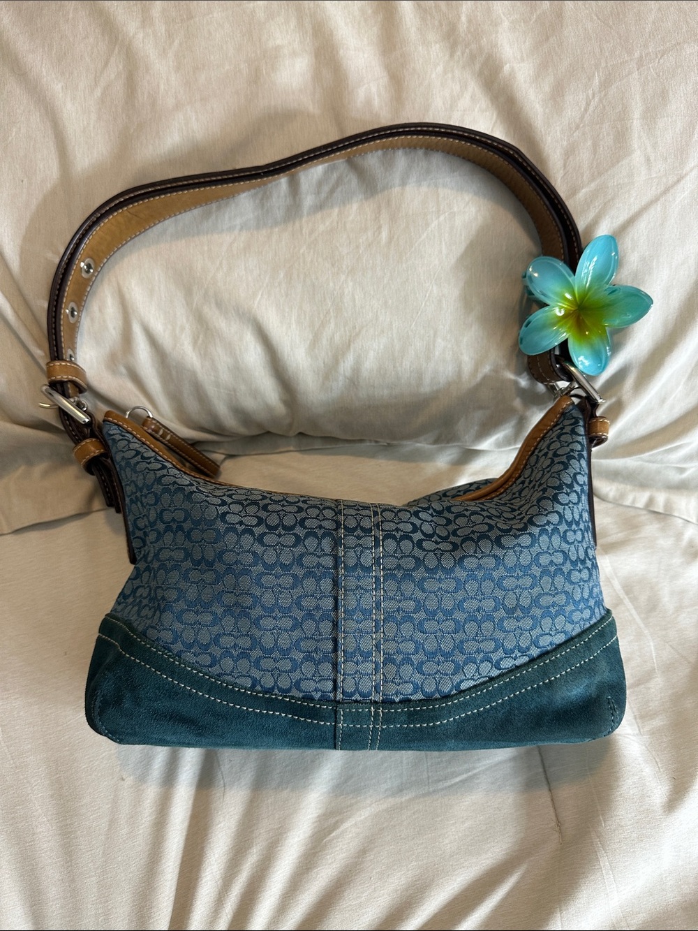 Coach Teal Signature Canvas Shoulder Bag with Dark Teal Suede Trim